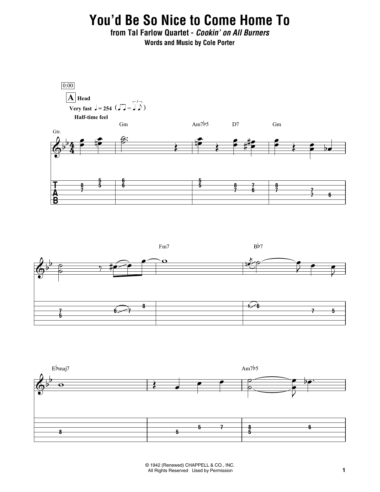 Learn to play Tal Farlow Quartet You'd Be So Nice To Come Home To sheet music for Electric Guitar Transcription in minutes. Tal Farlow Quartet You'd Be So Nice To Come Home To sheet music preview music notes and score for Electric Guitar Transcription including 11 page(s)