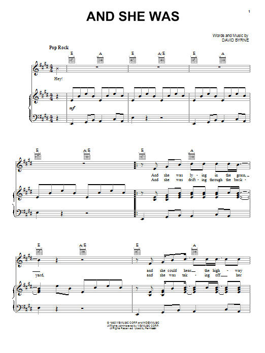 Learn to play Talking Heads And She Was sheet music for Piano, Vocal & Guitar (Right-Hand Melody) in minutes. Talking Heads And She Was sheet music preview music notes and score for Piano, Vocal & Guitar (Right-Hand Melody) including 9 page(s)