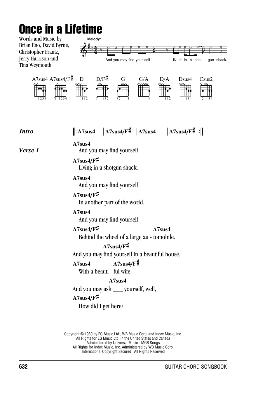 Talking Heads Once In A Lifetime sheet music preview music notes and score for Lyrics & Chords including 3 page(s)
