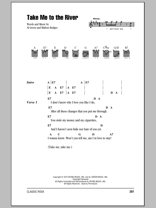 Learn to play Talking Heads Take Me To The River sheet music for Lyrics & Chords in minutes. Talking Heads Take Me To The River sheet music preview music notes and score for Lyrics & Chords including 3 page(s)