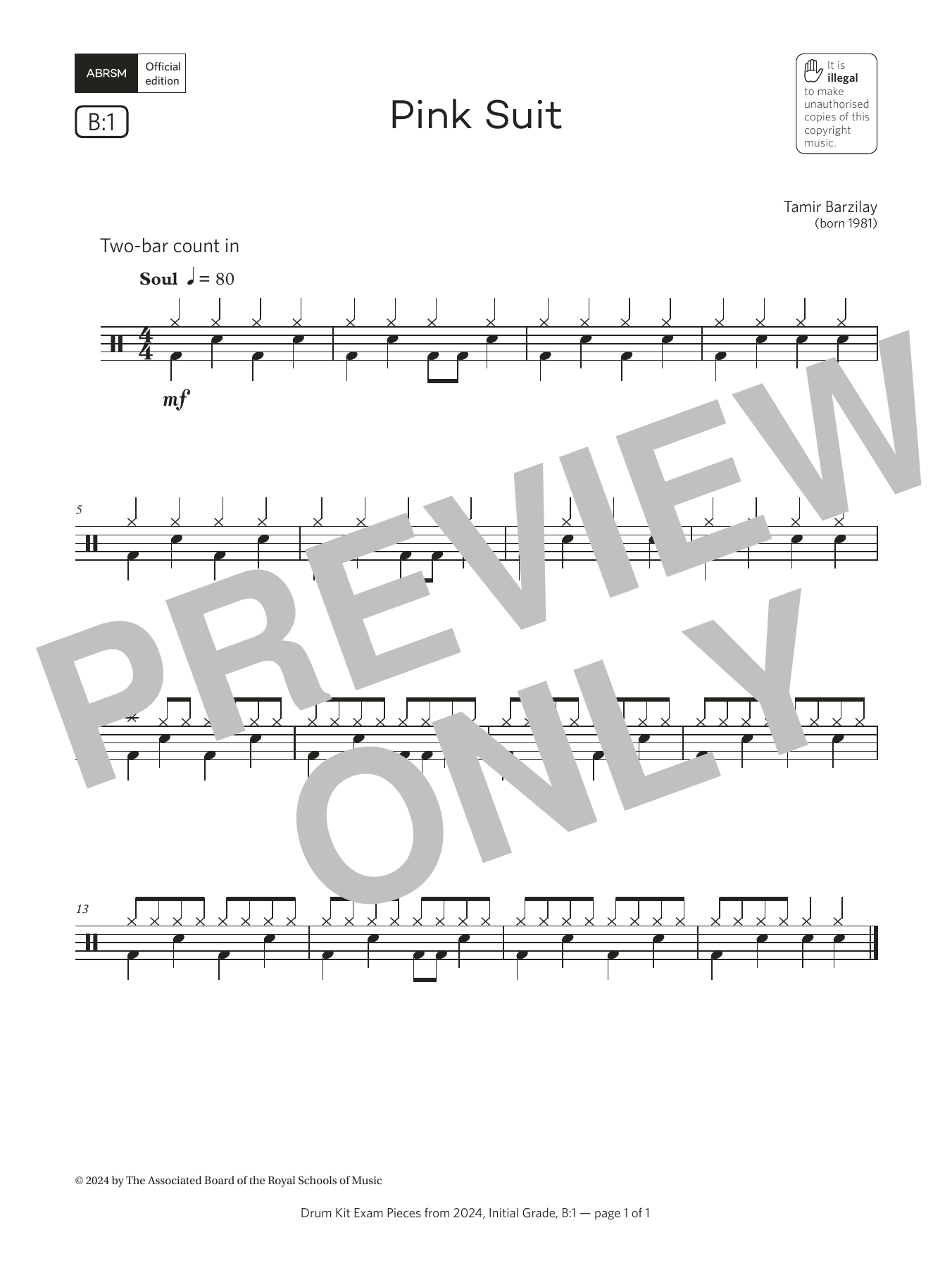 Tamir Barzilay Pink Suit (Grade Initial, list B1, from the ABRSM Drum Kit Syllabus 2024) sheet music, chords, lyrics - Printable PDF for Drums
