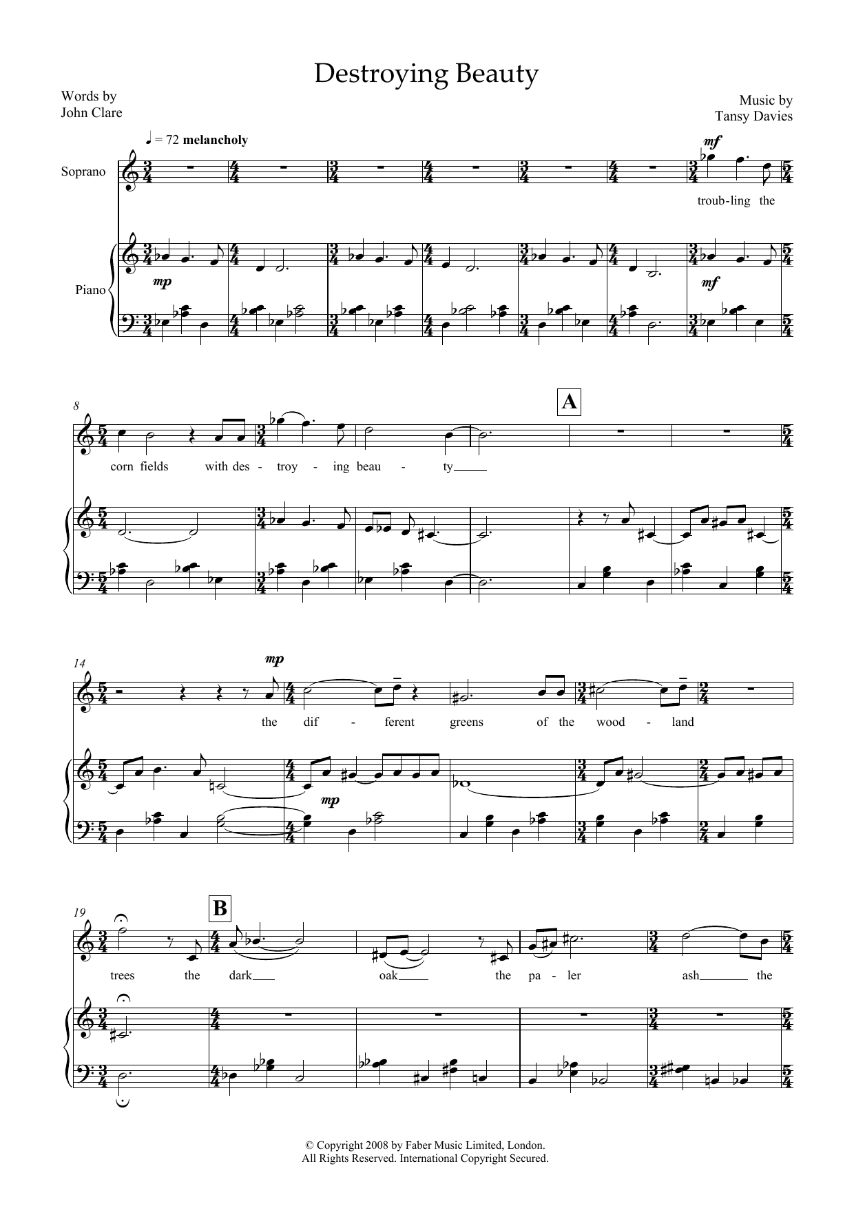 Tansy Davies Destroying Beauty (for soprano & piano) sheet music preview music notes and score for Piano & Vocal including 2 page(s)