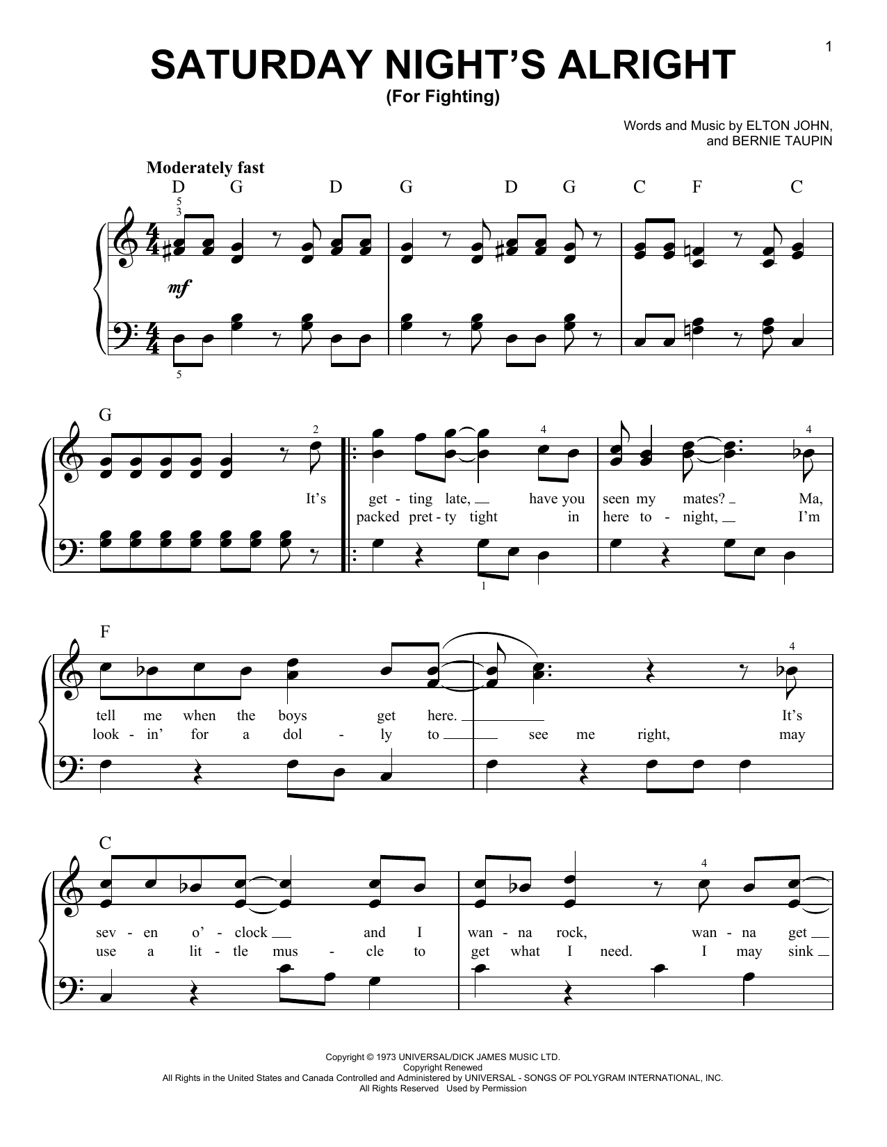 Taron Egerton & Kit Connor Saturday Night's Alright (For Fighting) (from Rocketman) sheet music, chords, lyrics - Printable PDF for Easy Piano
