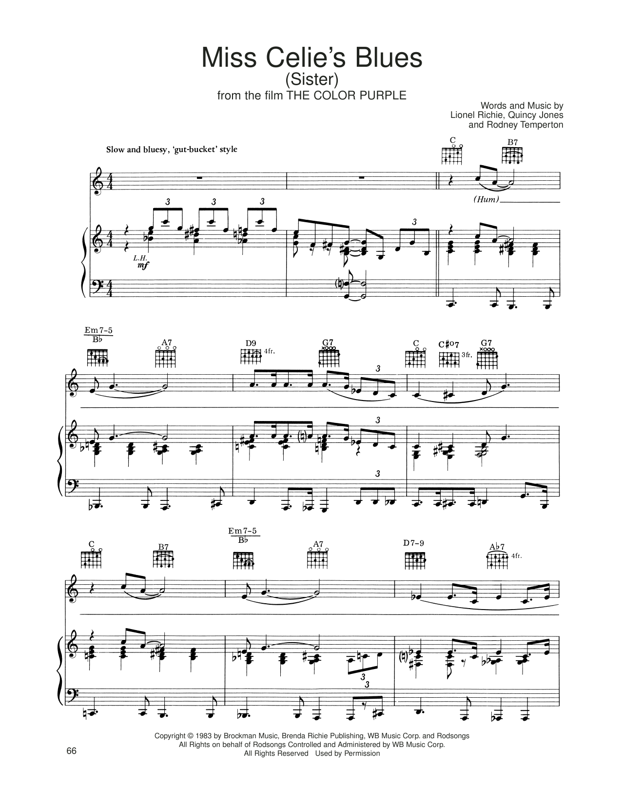 Táta Vega Miss Celie's Blues (Sister) (from The Color Purple) sheet music, chords, lyrics - Printable PDF for Piano, Vocal & Guitar Chords (Right-Hand Melody)
