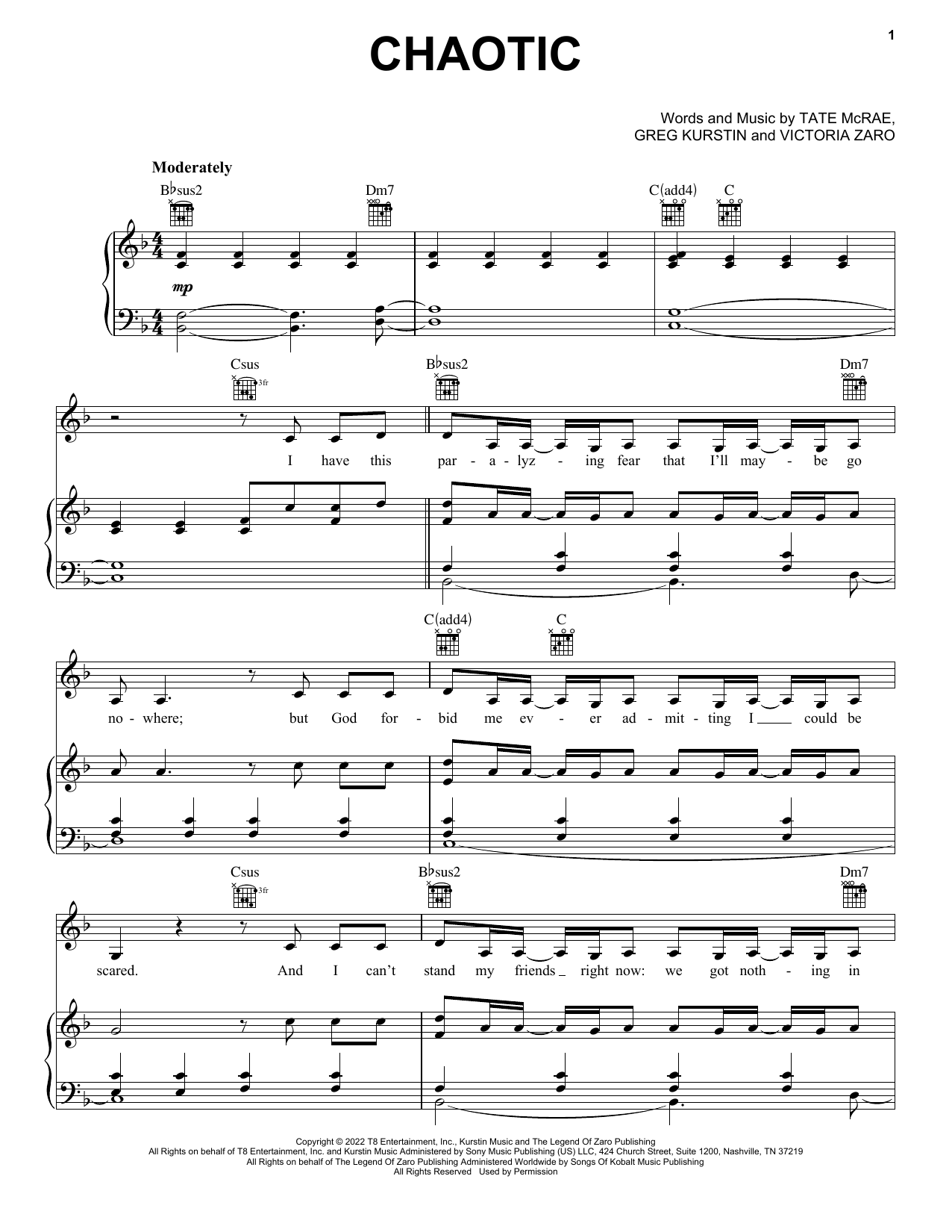 Tate McRae Chaotic sheet music preview music notes and score for Piano, Vocal & Guitar Chords (Right-Hand Melody) including 6 page(s)