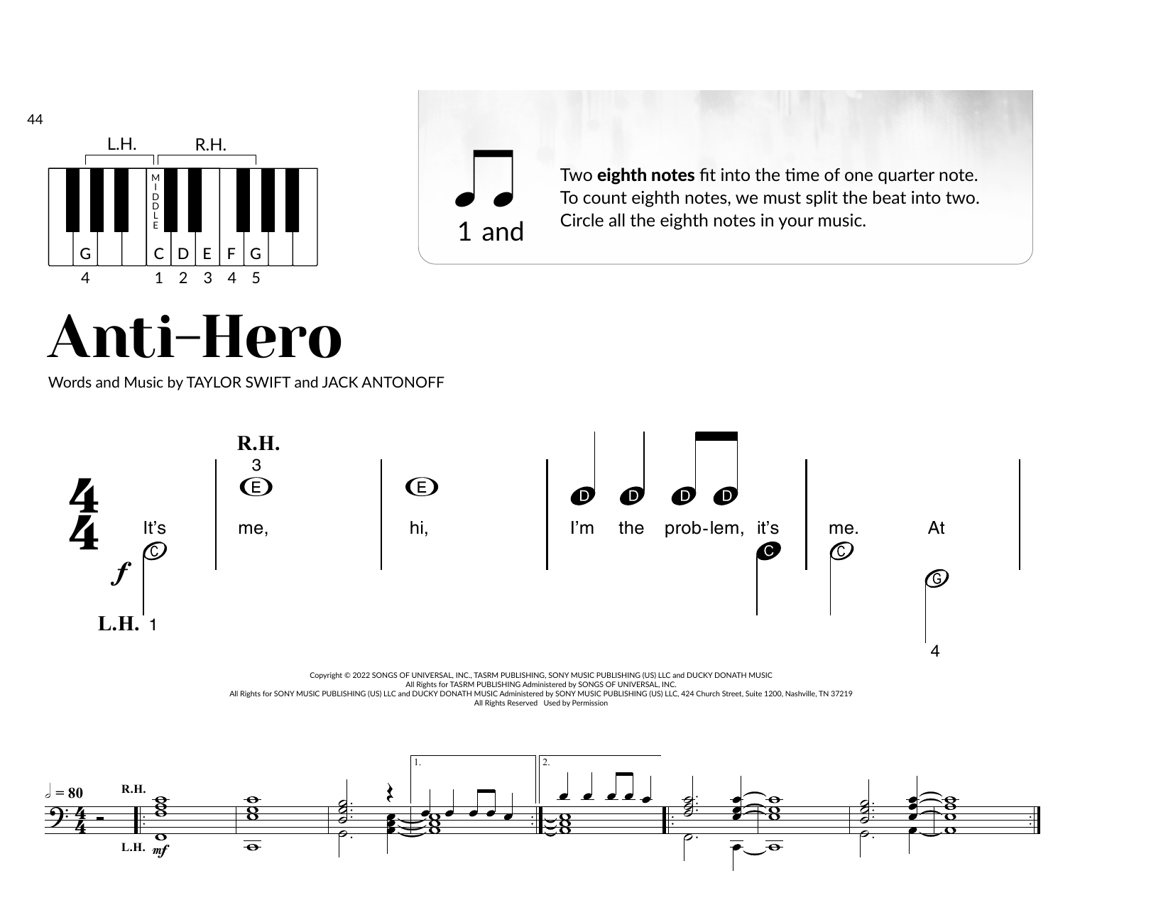 Taylor Swift Anti-Hero (arr. Brittany McCorriston) sheet music, chords, lyrics - Printable PDF for Very Beginner Piano