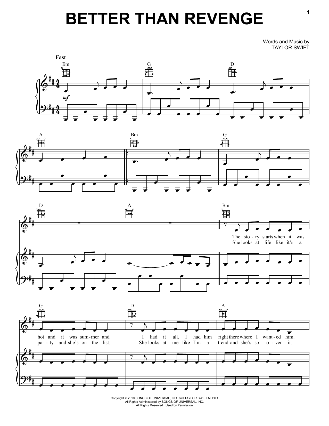 Taylor Swift Better Than Revenge (Taylor's Version) sheet music, chords, lyrics - Printable PDF for Piano, Vocal & Guitar Chords (Right-Hand Melody)