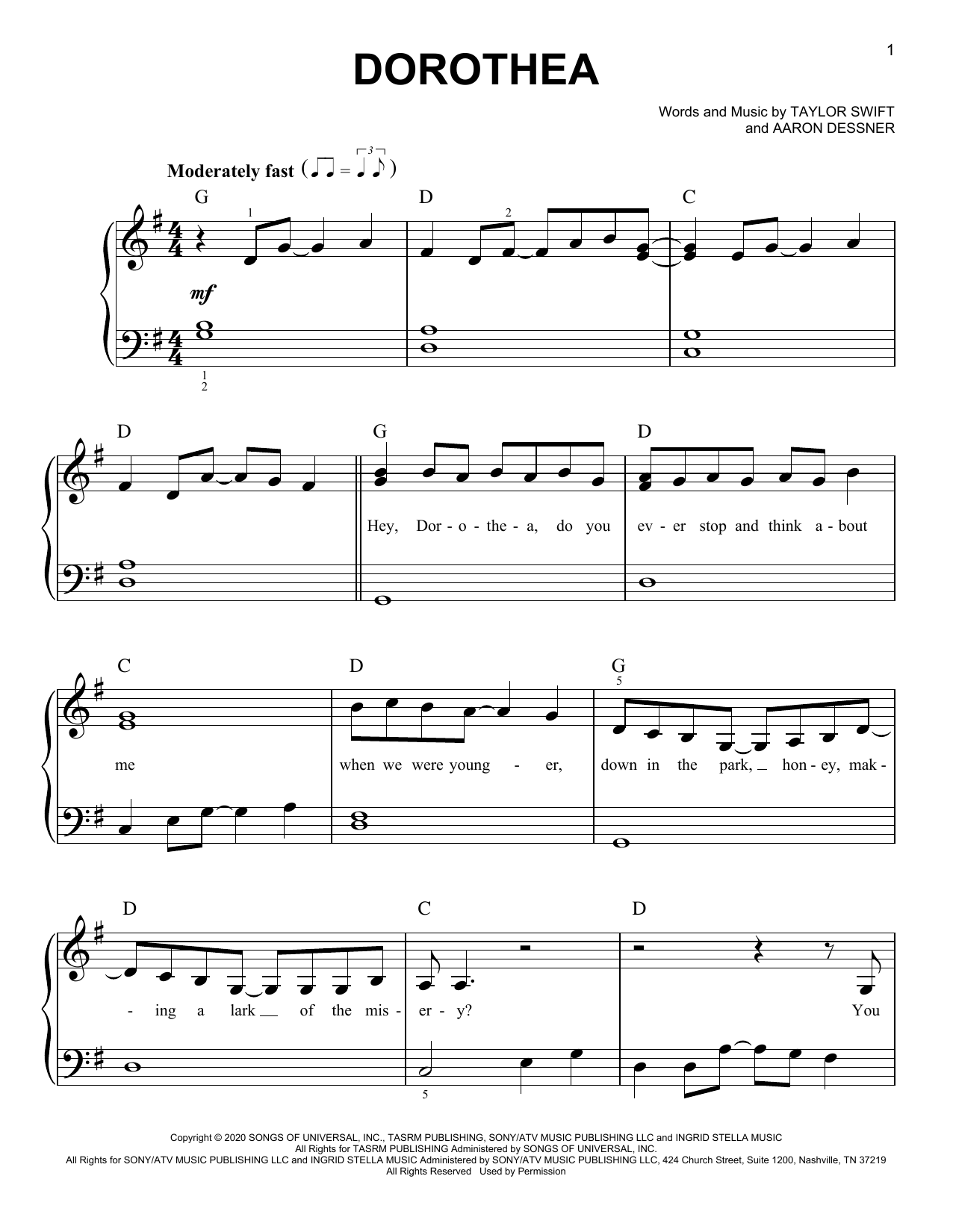 Taylor Swift dorothea sheet music, chords, lyrics - Printable PDF for Easy Piano