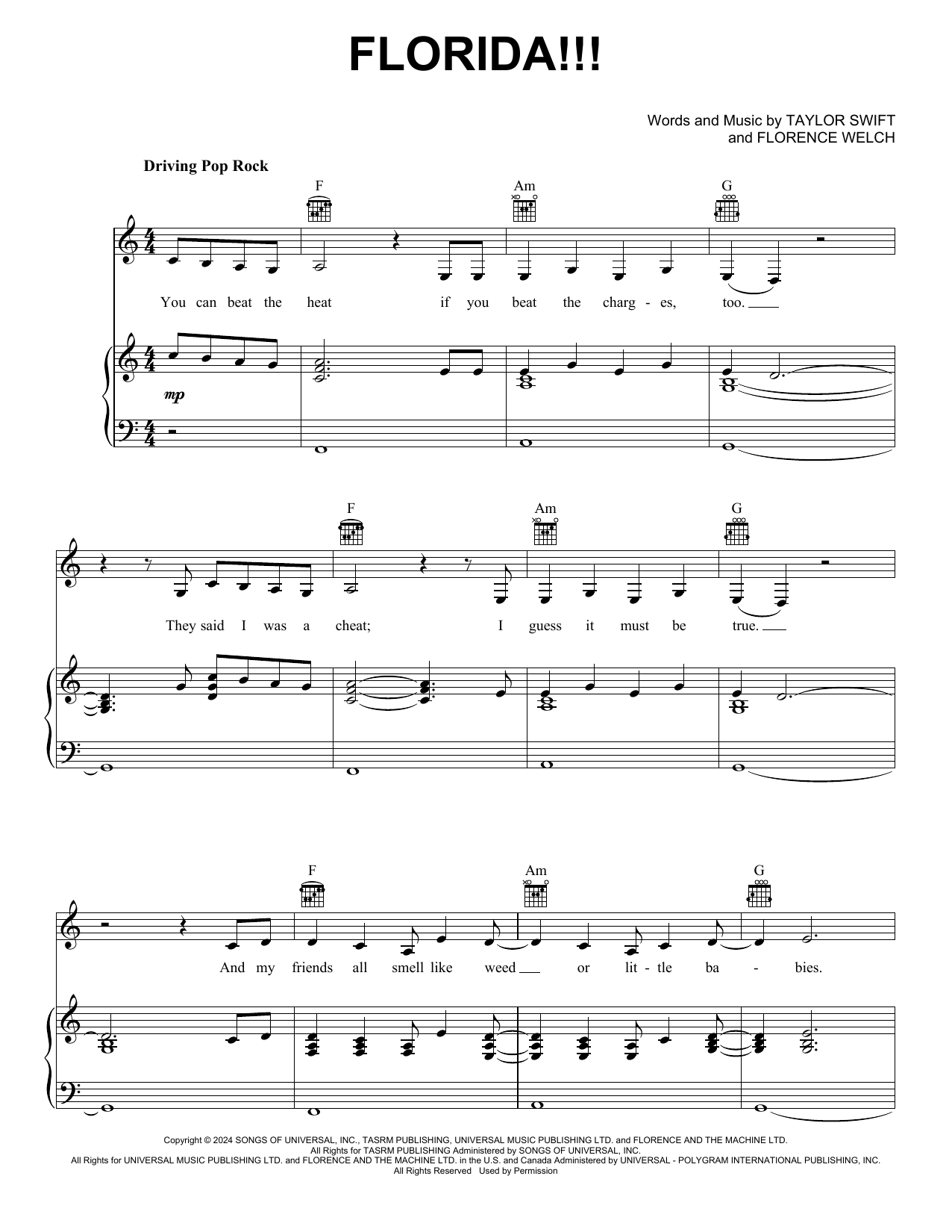 Taylor Swift Florida!!! (feat. Florence + The Machine) sheet music, chords, lyrics - Printable PDF for Piano, Vocal & Guitar Chords (Right-Hand Melody)