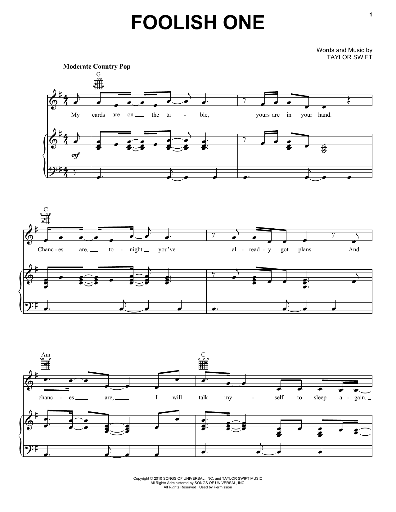Taylor Swift Foolish One (Taylor's Version) (From The Vault) sheet music, chords, lyrics - Printable PDF for Piano, Vocal & Guitar Chords (Right-Hand Melody)