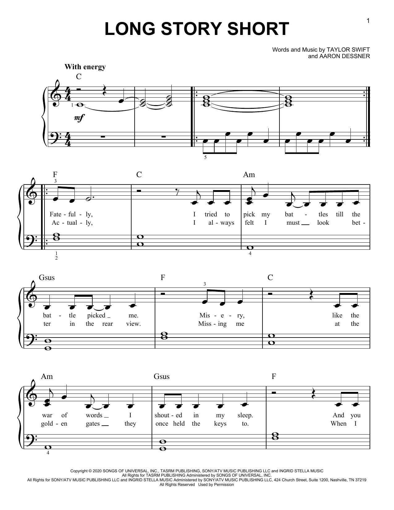 Taylor Swift long story short sheet music, chords, lyrics - Printable PDF for Easy Piano