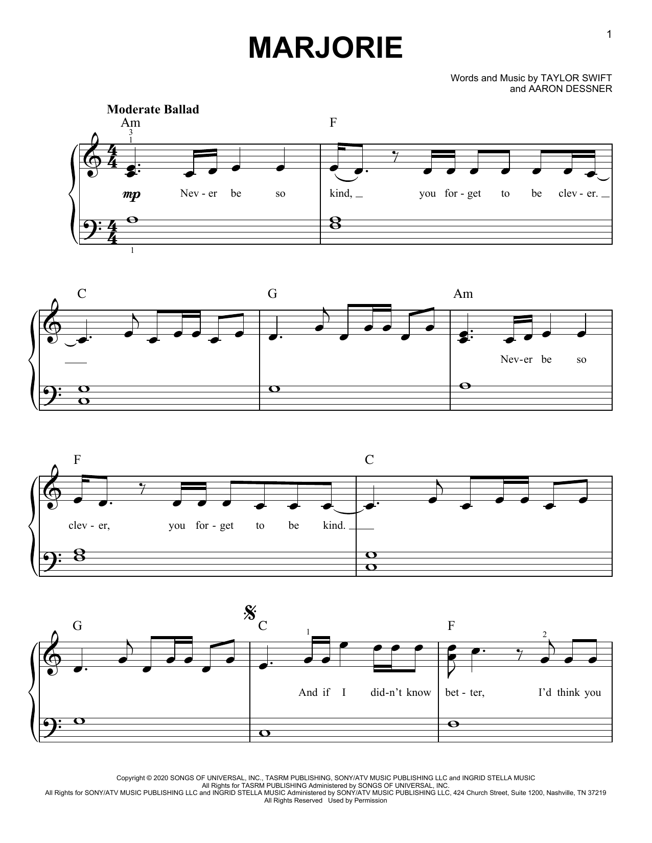 Taylor Swift marjorie sheet music, chords, lyrics - Printable PDF for Easy Piano
