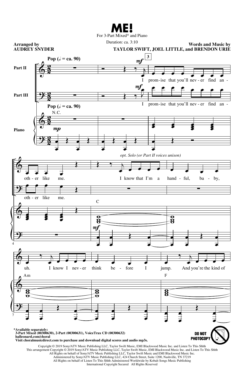 Taylor Swift ME! (arr. Audrey Snyder) sheet music, chords, lyrics - Printable PDF for 3-Part Mixed Choir