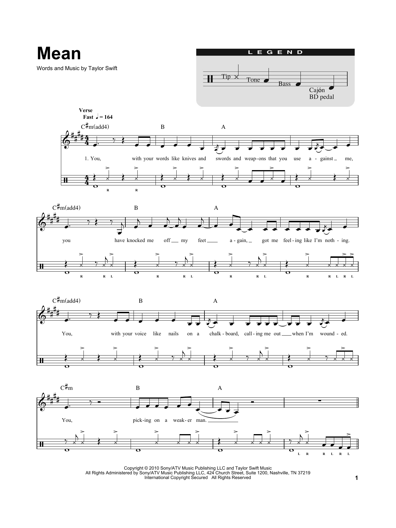 Taylor Swift Mean sheet music, chords, lyrics - Printable PDF for Drums Transcription