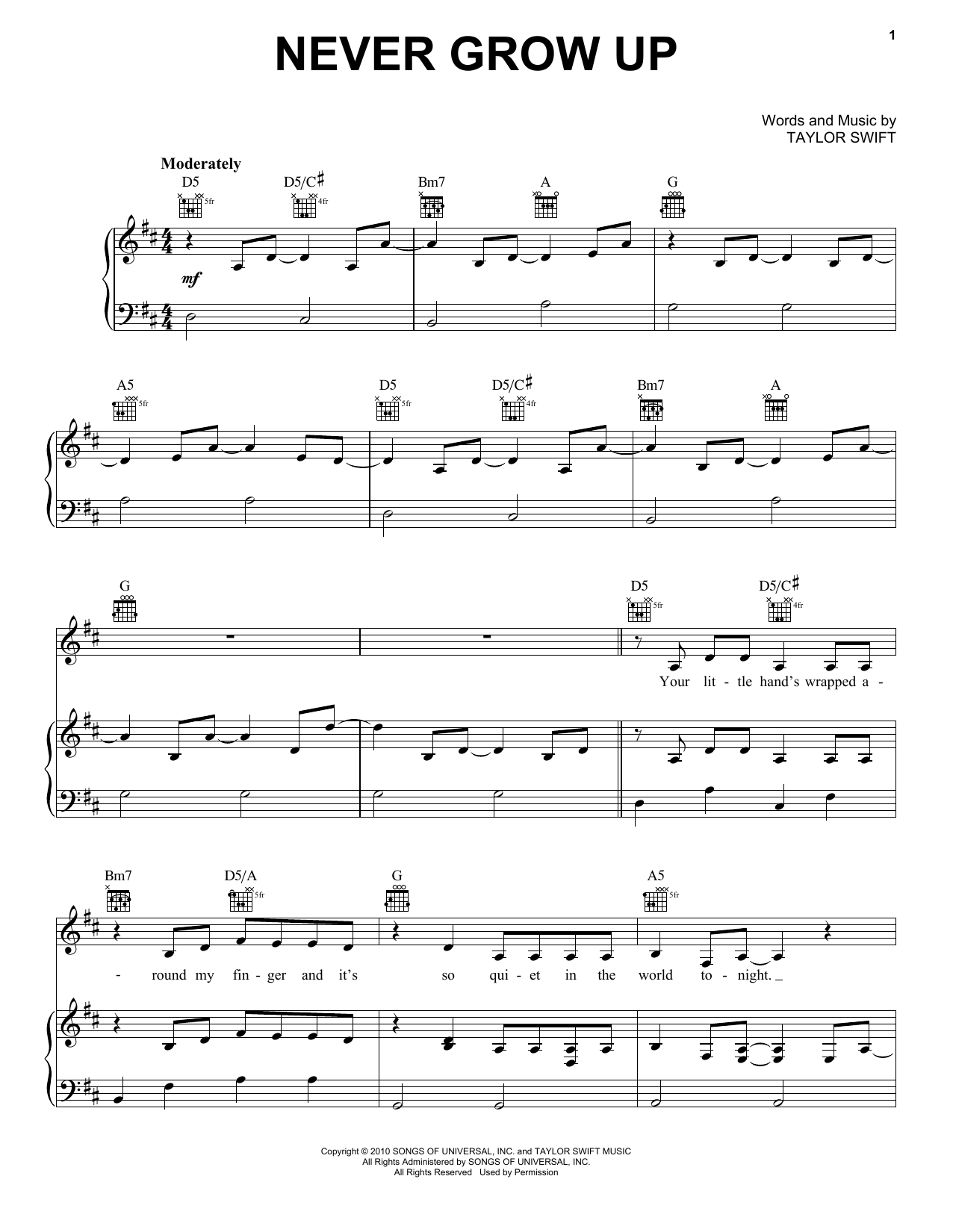 Taylor Swift Never Grow Up (Taylor's Version) sheet music, chords, lyrics - Printable PDF for Piano, Vocal & Guitar Chords (Right-Hand Melody)