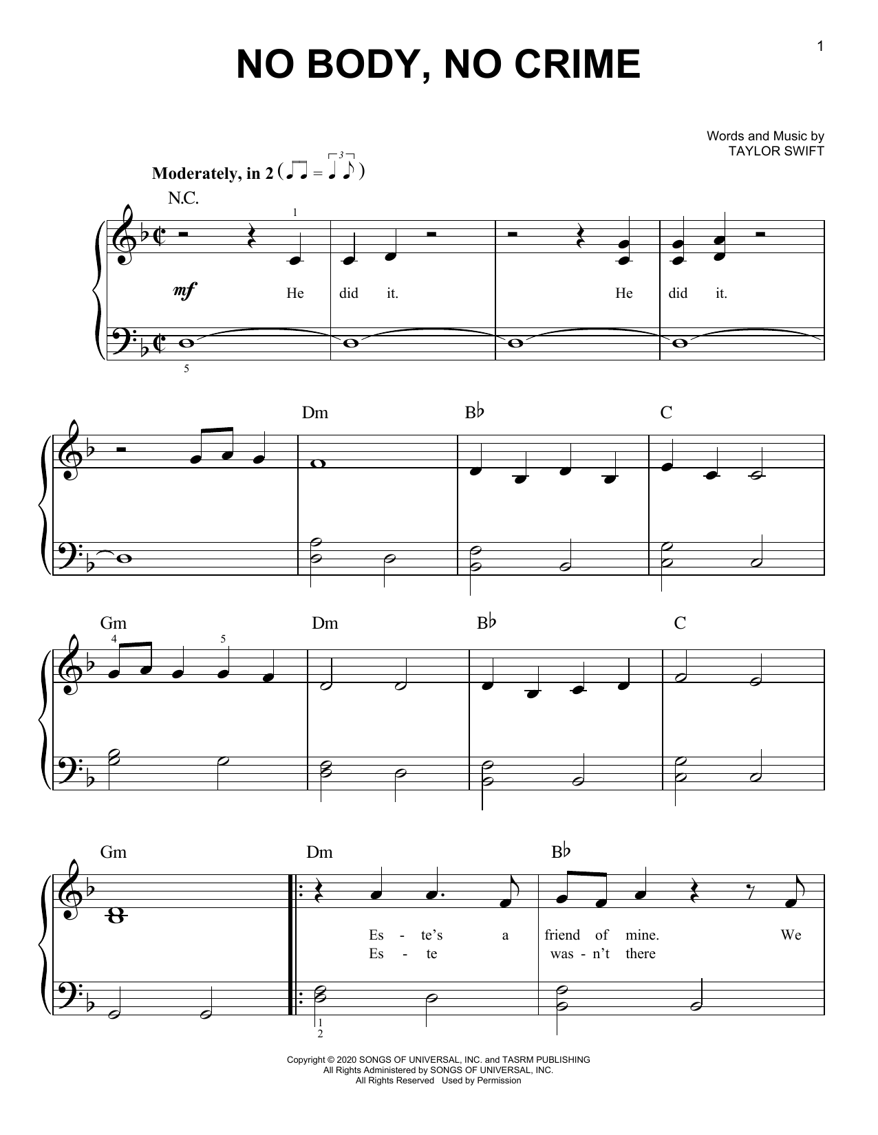 Taylor Swift no body, no crime (feat. HAIM) sheet music, chords, lyrics - Printable PDF for Easy Piano
