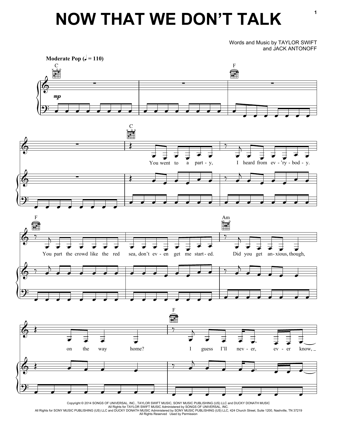 Taylor Swift Now That We Don't Talk (Taylor's Version) (From The Vault) sheet music, chords, lyrics - Printable PDF for Piano, Vocal & Guitar Chords (Right-Hand Melody)