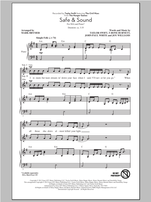 Taylor Swift Safe & Sound (arr. Mark Brymer) sheet music, chords, lyrics - Printable PDF for SSA