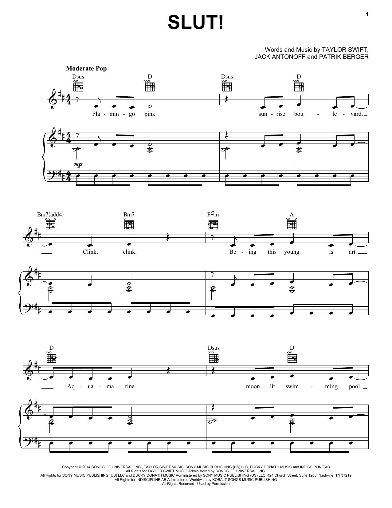 Taylor Swift Slut! (Taylor's Version) (From The Vault) sheet music, chords, lyrics - Printable PDF for Piano, Vocal & Guitar Chords (Right-Hand Melody)