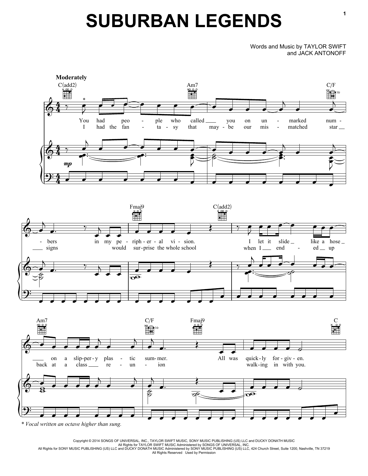 Download Taylor Swift Suburban Legends (Taylor's Version) (From The Vault) sheet music notes and chords for Piano, Vocal & Guitar Chords (Right-Hand Melody) - Download Printable PDF and start playing in minutes.
