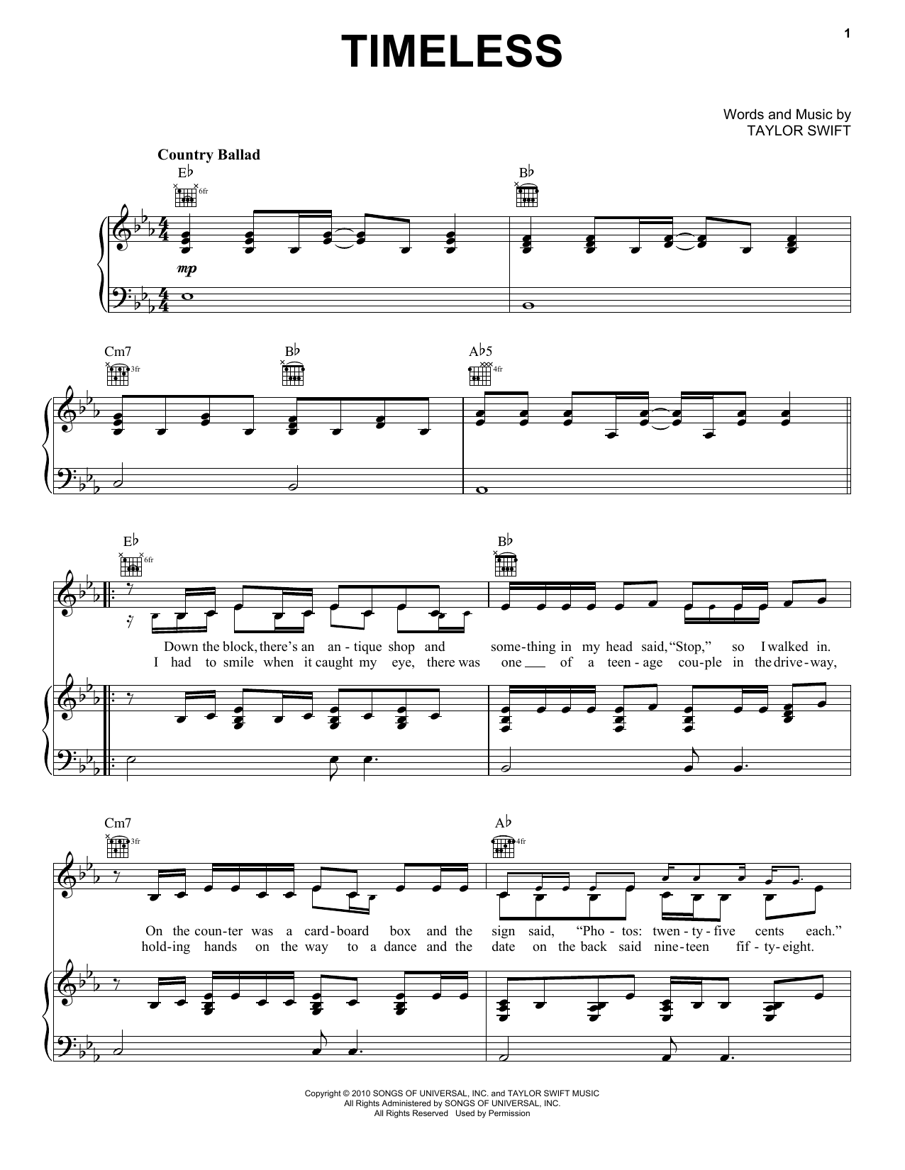 Taylor Swift Timeless (Taylor's Version) (From The Vault) sheet music, chords, lyrics - Printable PDF for Piano, Vocal & Guitar Chords (Right-Hand Melody)