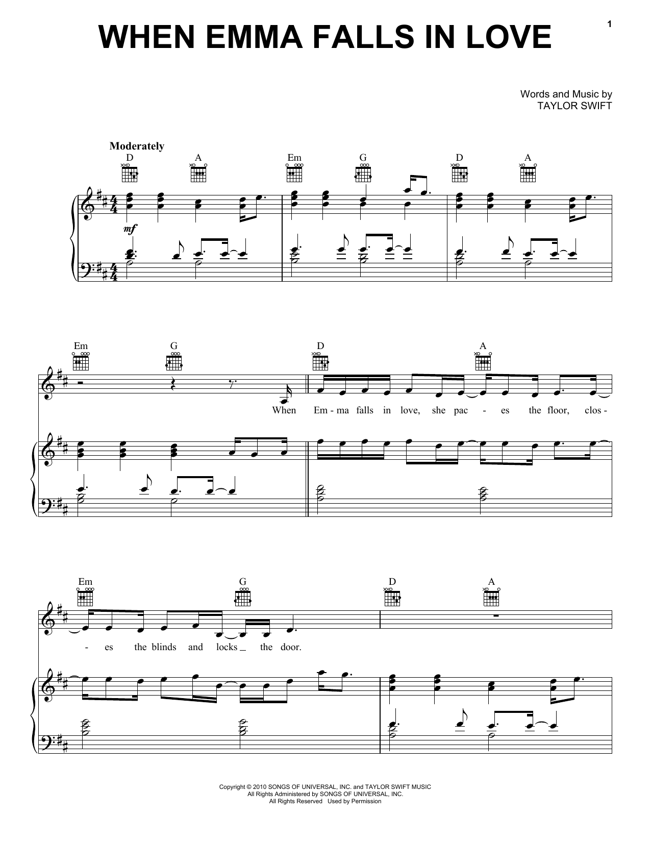 Taylor Swift When Emma Falls In Love (Taylor's Version) (From The Vault) sheet music, chords, lyrics - Printable PDF for Piano, Vocal & Guitar Chords (Right-Hand Melody)