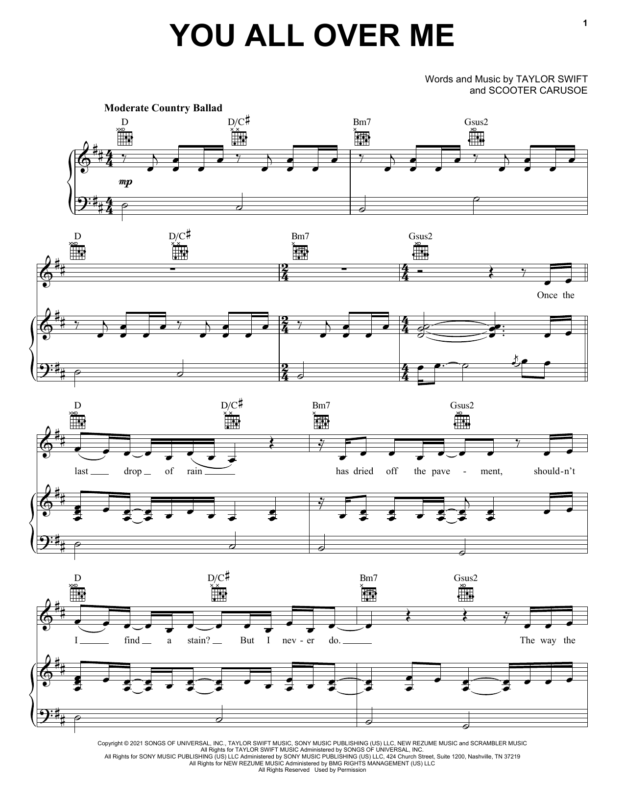 Taylor Swift You All Over Me (feat. Maren Morris) (Taylor's Version) (From The Vault) sheet music, chords, lyrics - Printable PDF for Easy Piano