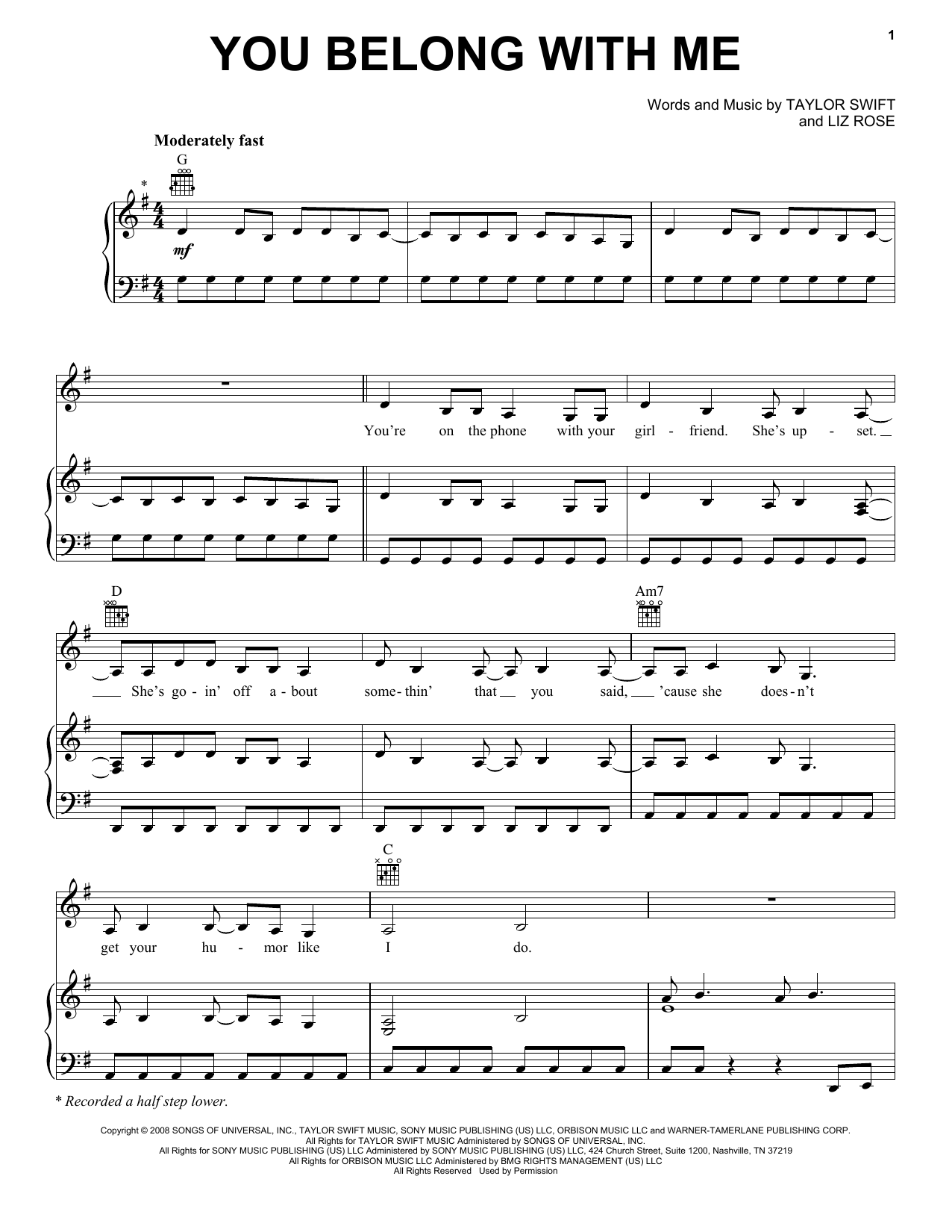 Download Taylor Swift You Belong With Me sheet music notes and chords for Easy Guitar Tab - Download Printable PDF and start playing in minutes.