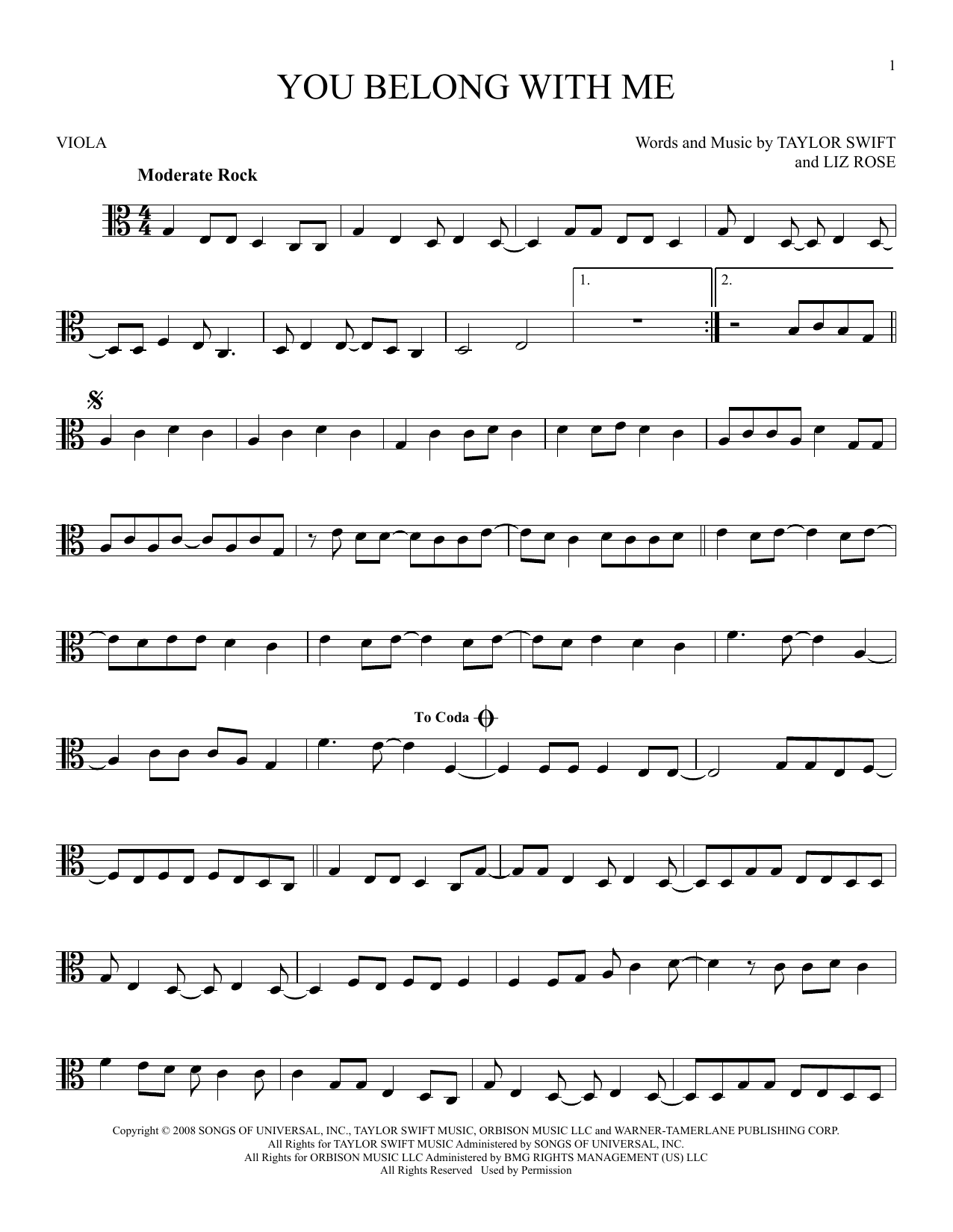 Taylor Swift You Belong With Me (Taylor's Version) sheet music, chords, lyrics - Printable PDF for Viola Solo
