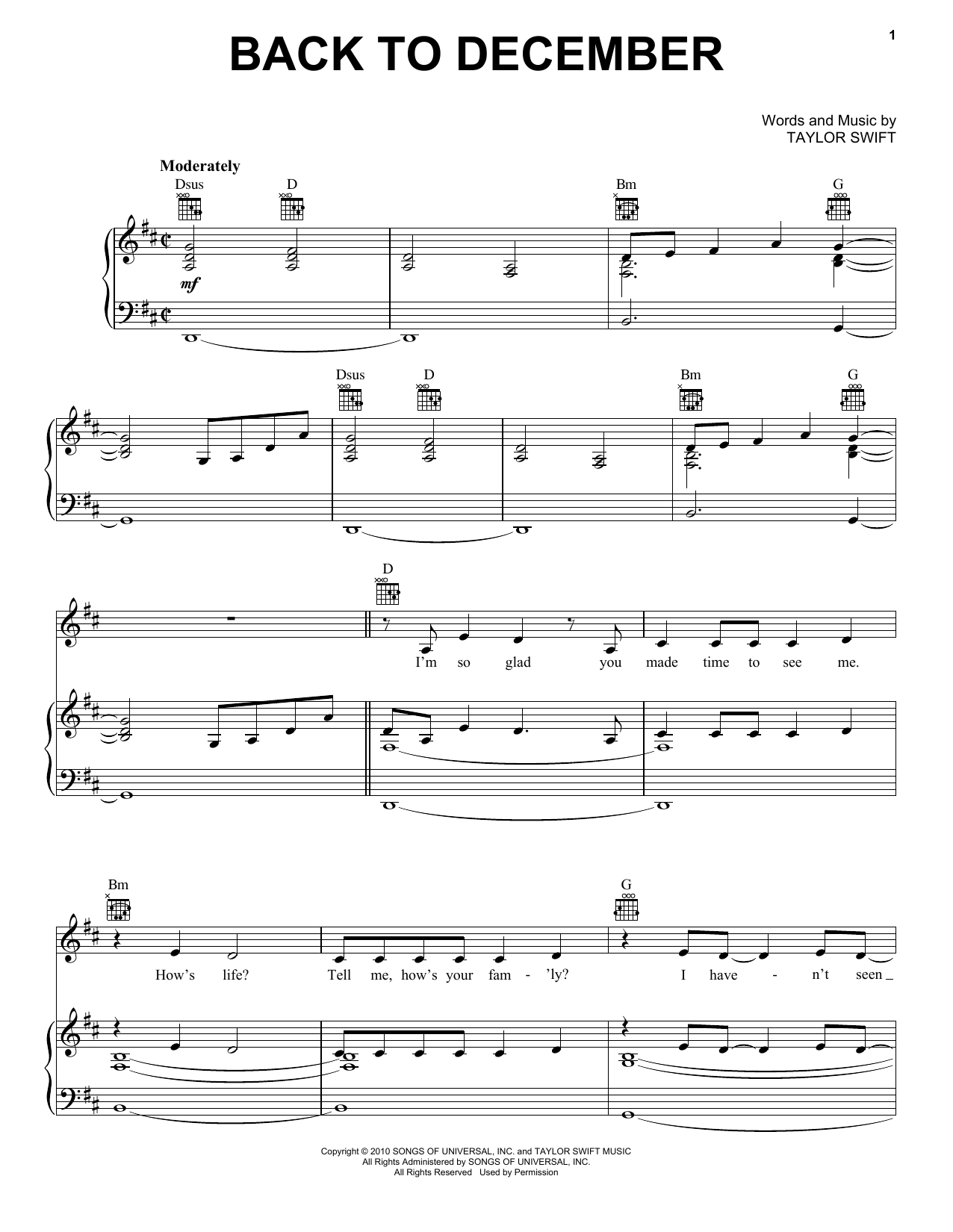 Taylor Swift Back To December sheet music preview music notes and score for Piano including 5 page(s)