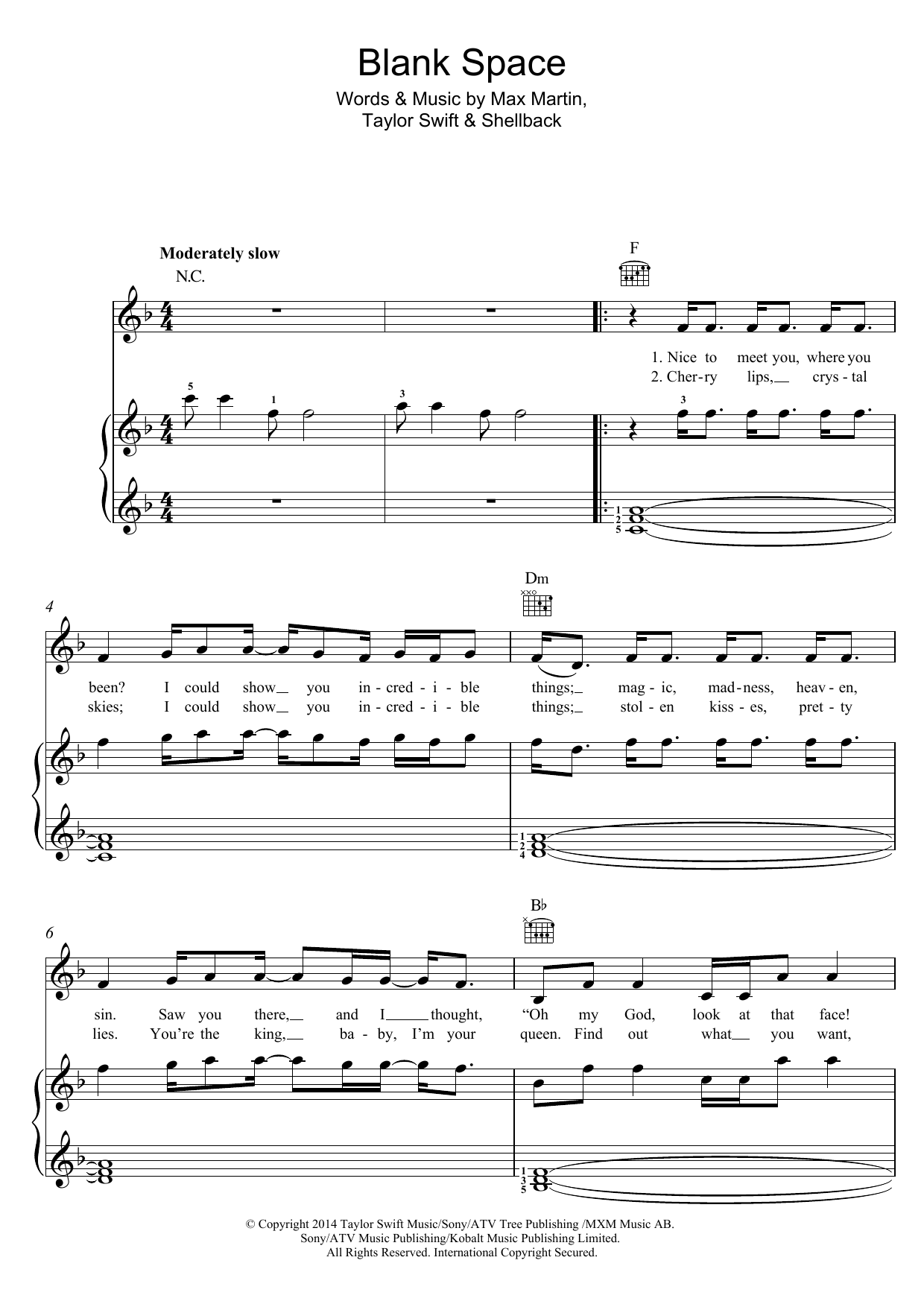 Taylor Swift Blank Space Sheet Music Download Printable Pdf Music Notes Score Chords 174918