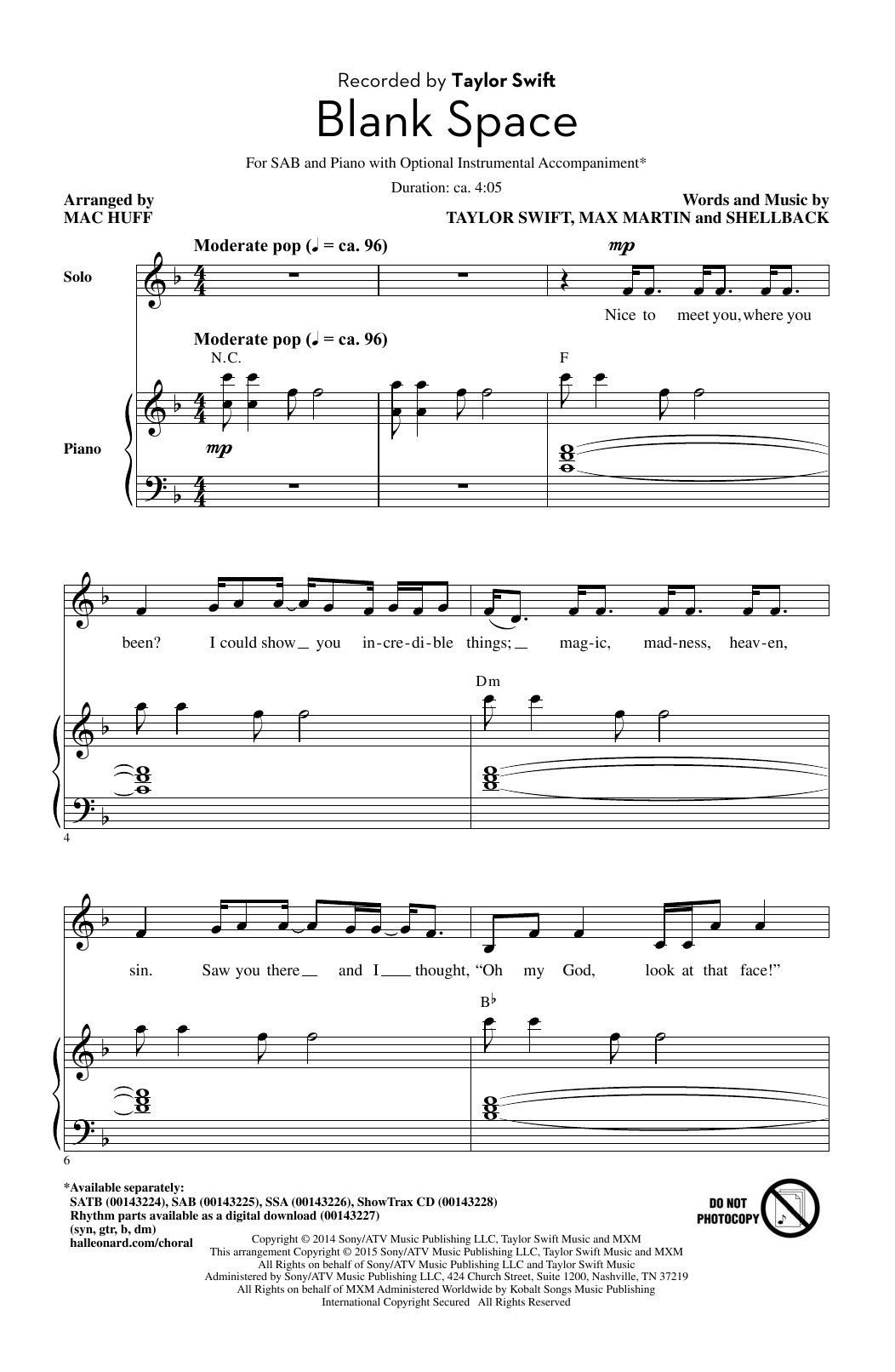 Learn to play Taylor Swift Blank Space (arr. Mac Huff) sheet music for SAB in minutes. Taylor Swift Blank Space (arr. Mac Huff) sheet music preview music notes and score for SAB including 11 page(s)