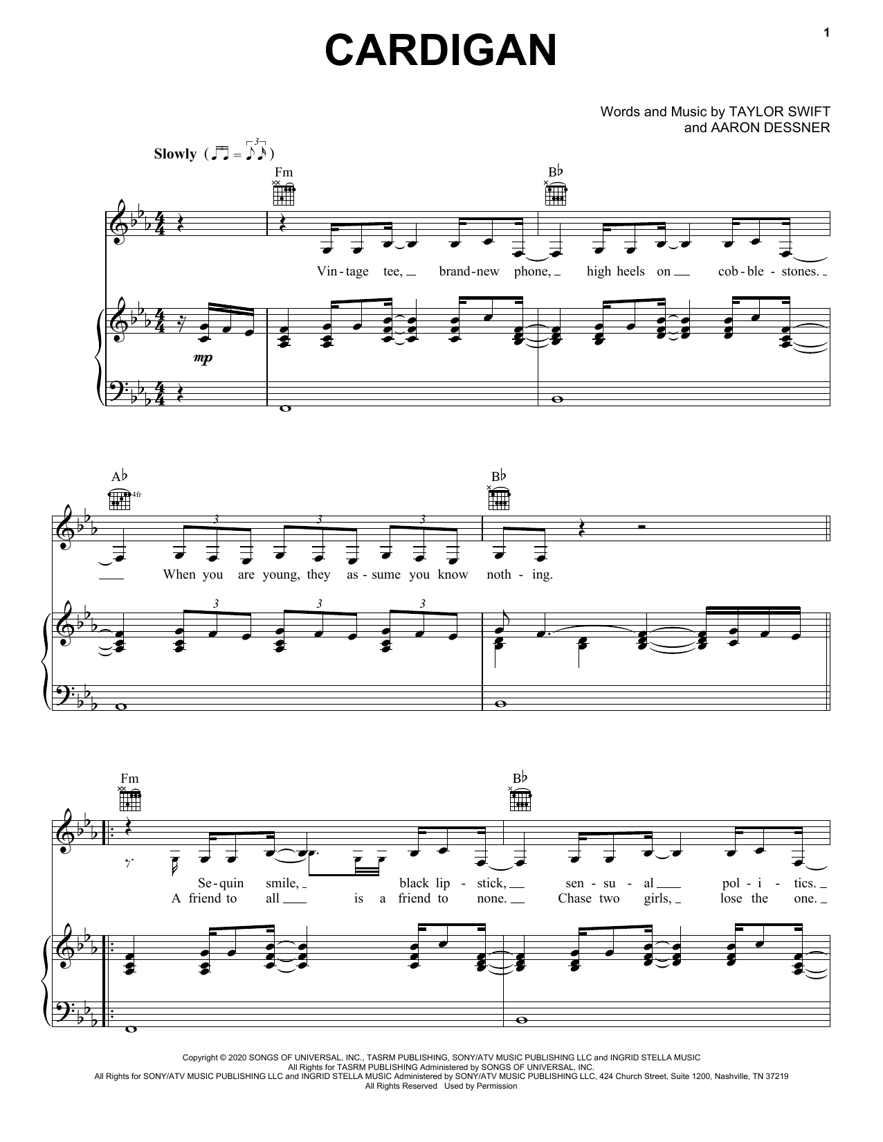 Learn to play Taylor Swift cardigan sheet music for Piano, Vocal & Guitar (Right-Hand Melody) in minutes. Taylor Swift cardigan sheet music preview music notes and score for Piano, Vocal & Guitar (Right-Hand Melody) including 6 page(s)