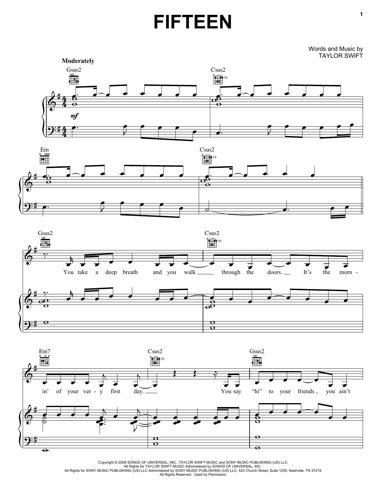 Taylor Swift Fifteen sheet music preview music notes and score for Piano including 5 page(s)
