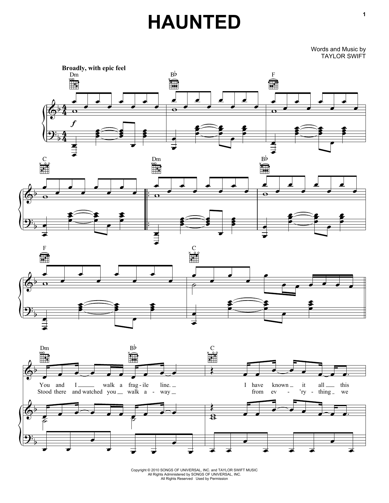 Taylor Swift Haunted sheet music preview music notes and score for Piano, Vocal & Guitar (Right-Hand Melody) including 6 page(s)