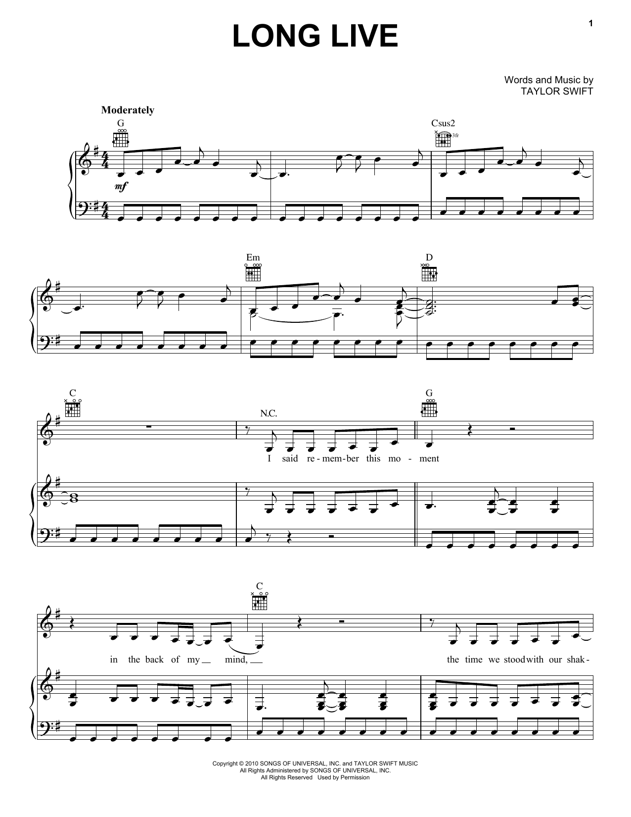 Learn to play Taylor Swift Long Live sheet music for Piano, Vocal & Guitar (Right-Hand Melody) in minutes. Taylor Swift Long Live sheet music preview music notes and score for Piano, Vocal & Guitar (Right-Hand Melody) including 10 page(s)