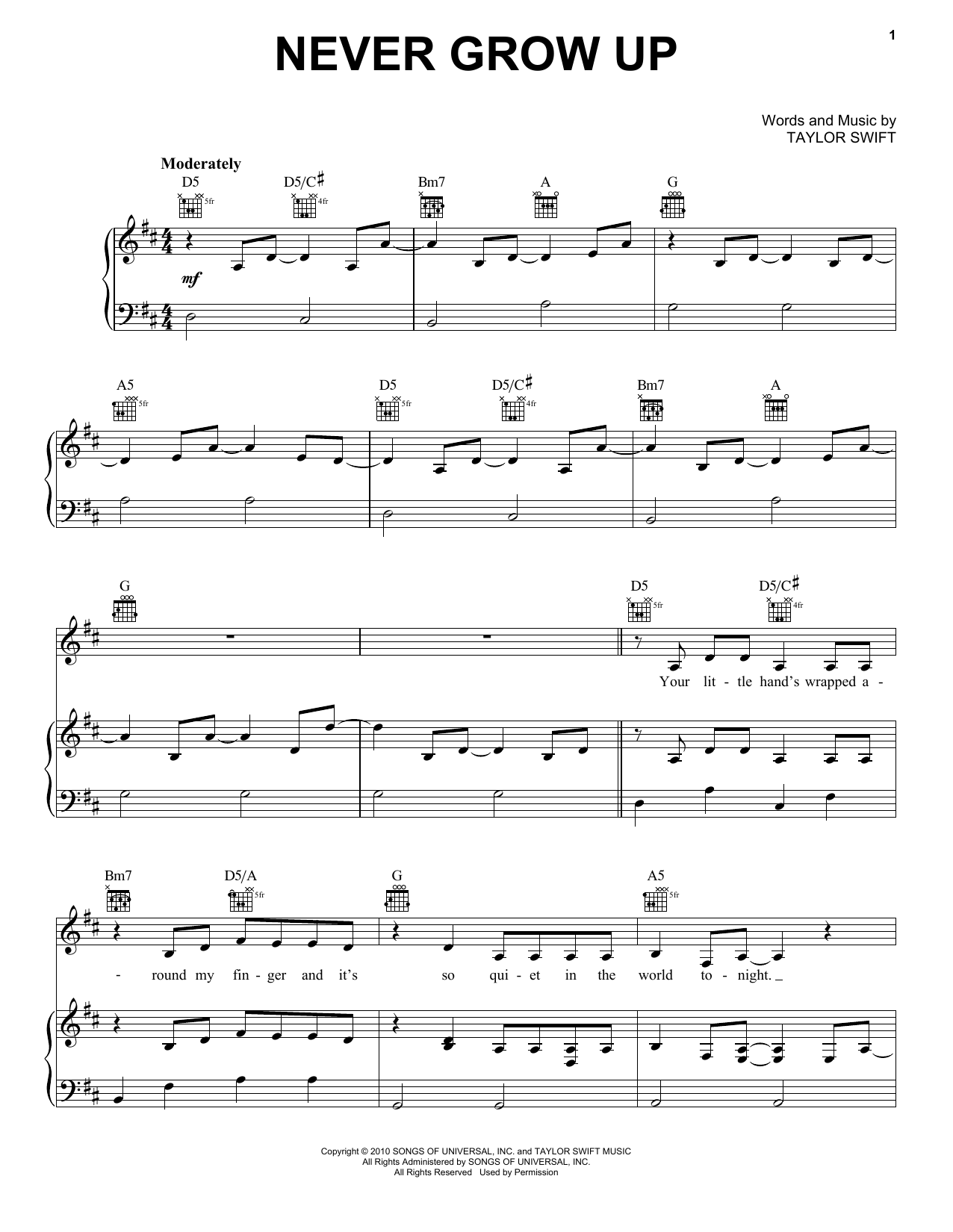 Taylor Swift Never Grow Up sheet music preview music notes and score for Piano, Vocal & Guitar (Right-Hand Melody) including 11 page(s)