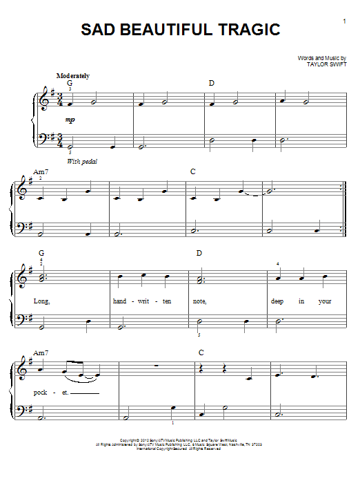 Taylor Swift Sad Beautiful Tragic Sheet Music Download Printable Pdf Music Notes Score Chords 93893
