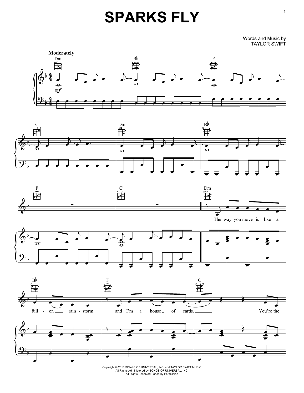 Taylor Swift Sparks Fly sheet music preview music notes and score for Piano, Vocal & Guitar (Right-Hand Melody) including 9 page(s)