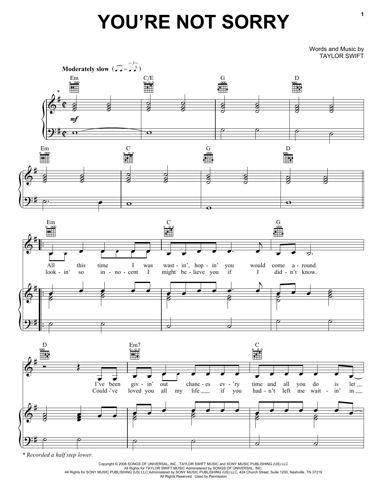 Taylor Swift You're Not Sorry sheet music preview music notes and score for Easy Guitar Tab including 4 page(s)