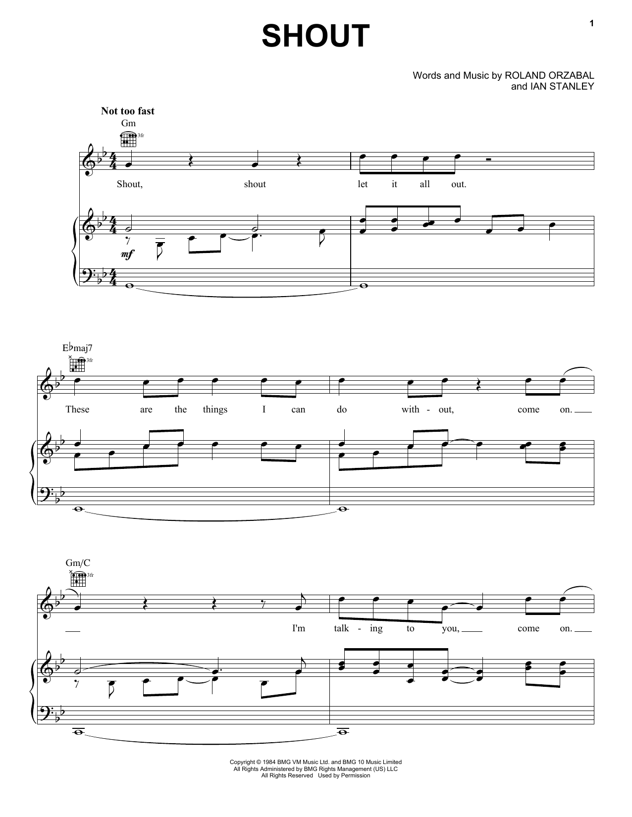 Tears For Fears Shout sheet music preview music notes and score for Piano, Vocal & Guitar (Right-Hand Melody) including 3 page(s)