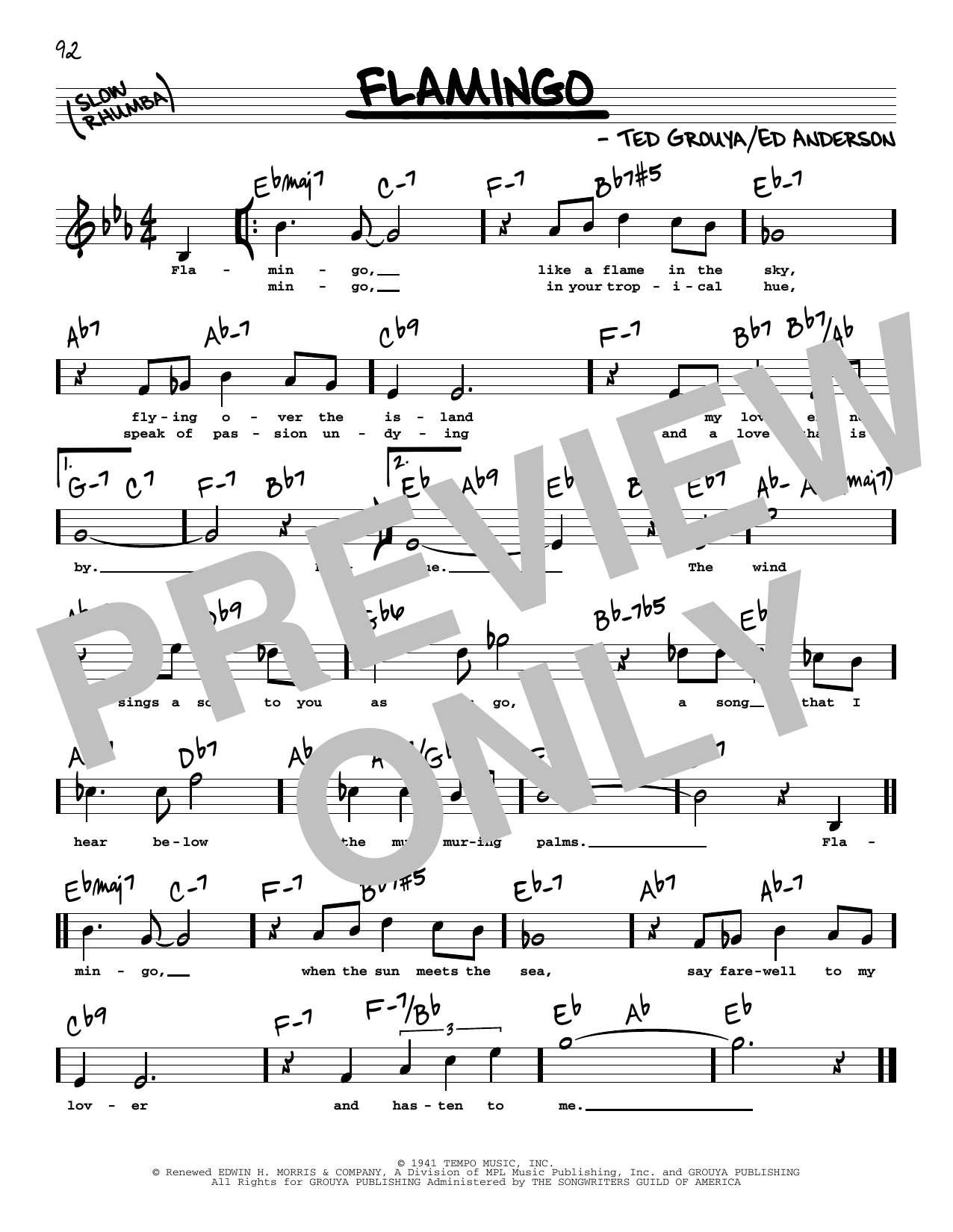 Learn to play Ted Grouya Flamingo (High Voice) sheet music for Real Book – Melody, Lyrics & Chords in minutes. Ted Grouya Flamingo (High Voice) sheet music preview music notes and score for Real Book – Melody, Lyrics & Chords including 1 page(s)
