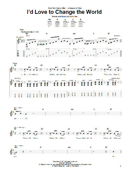 Learn to play Ten Years After I'd Love To Change The World sheet music for Guitar Tab in minutes. Ten Years After I'd Love To Change The World sheet music preview music notes and score for Guitar Tab including 4 page(s)
