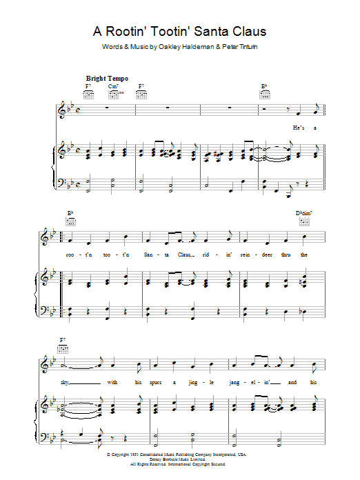 Learn to play Tennessee Ernie Ford A Rootin' Tootin' Santa Claus sheet music for Piano, Vocal & Guitar (Right-Hand Melody) in minutes. Tennessee Ernie Ford A Rootin' Tootin' Santa Claus sheet music preview music notes and score for Piano, Vocal & Guitar (Right-Hand Melody) including 4 page(s)