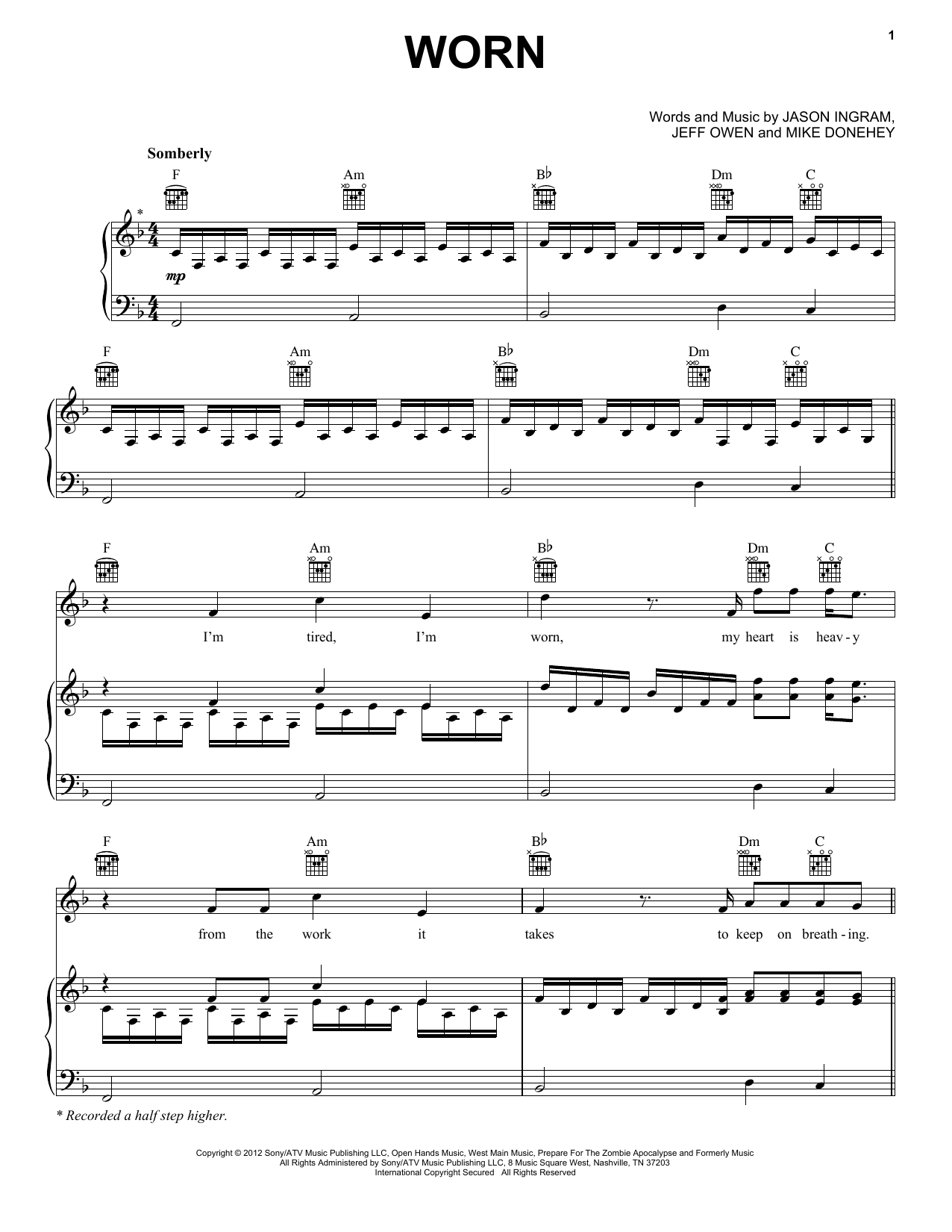 Tenth Avenue North Worn sheet music, chords, lyrics - Printable PDF for Piano, Vocal & Guitar (Right-Hand Melody)