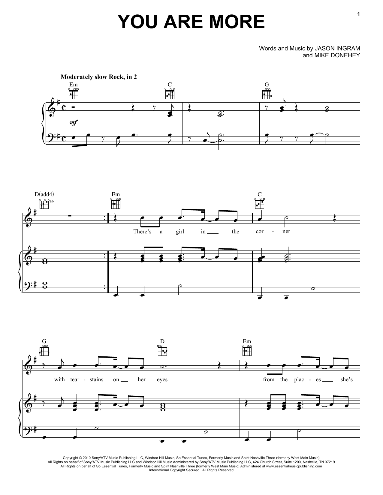Tenth Avenue North You Are More sheet music, chords, lyrics - Printable PDF for Piano, Vocal & Guitar (Right-Hand Melody)