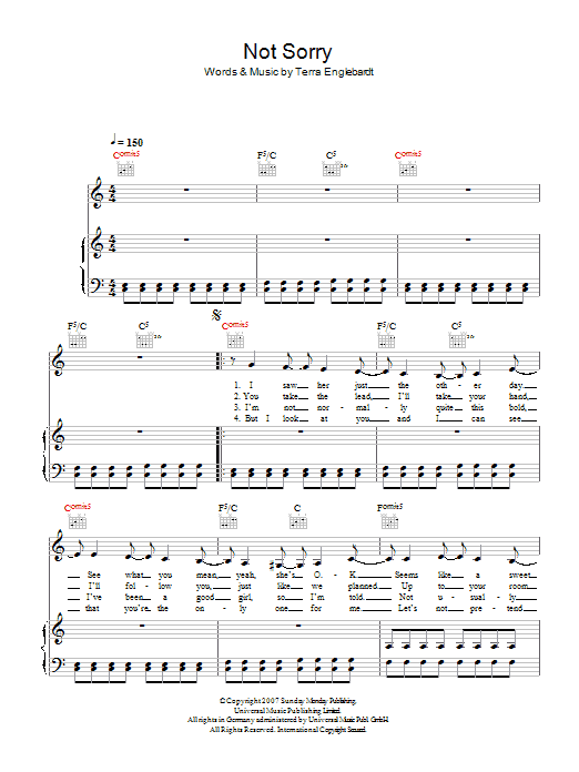 Learn to play Terra Naomi Not Sorry sheet music for Piano, Vocal & Guitar in minutes. Terra Naomi Not Sorry sheet music preview music notes and score for Piano, Vocal & Guitar including 6 page(s)