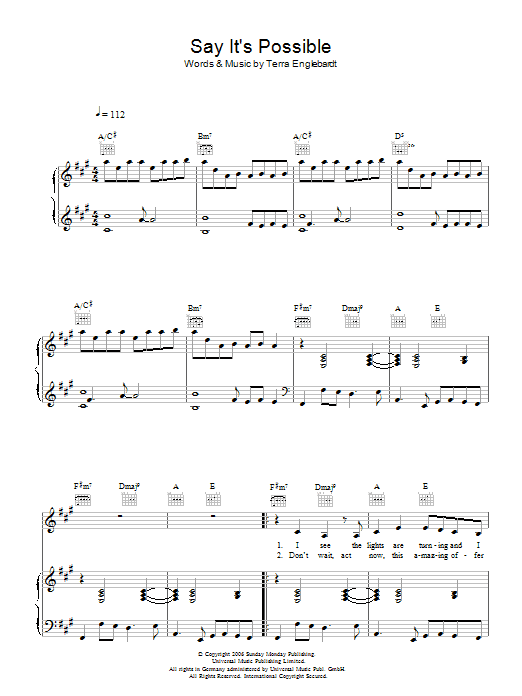 Learn to play Terra Naomi Say It's Possible sheet music for Piano, Vocal & Guitar in minutes. Terra Naomi Say It's Possible sheet music preview music notes and score for Piano, Vocal & Guitar including 6 page(s)