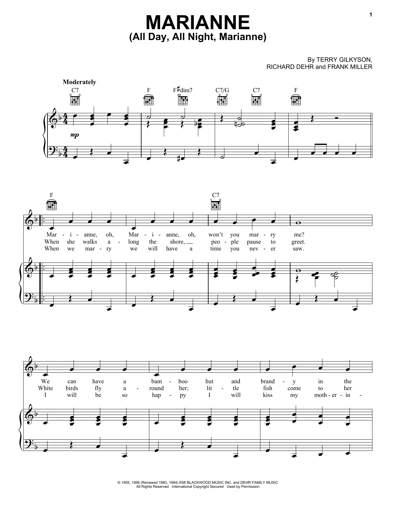 Terry Gilkyson & The Easy Riders Marianne (All Day, All Night, Marianne) sheet music, chords, lyrics - Printable PDF for Piano, Vocal & Guitar Chords (Right-Hand Melody)