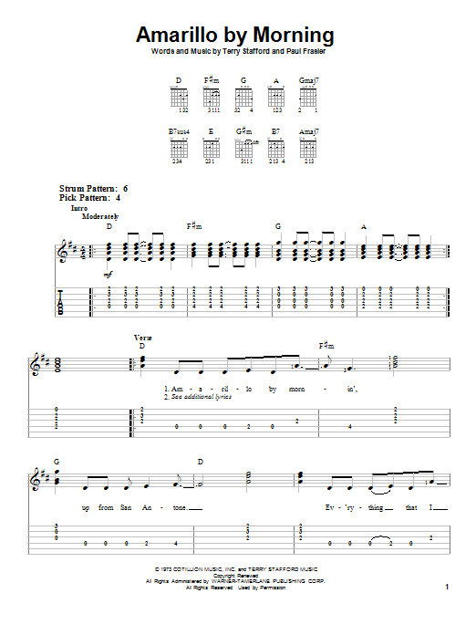 Learn to play Terry Stafford Amarillo By Morning sheet music for Easy Guitar Tab in minutes. Terry Stafford Amarillo By Morning sheet music preview music notes and score for Easy Guitar Tab including 4 page(s)